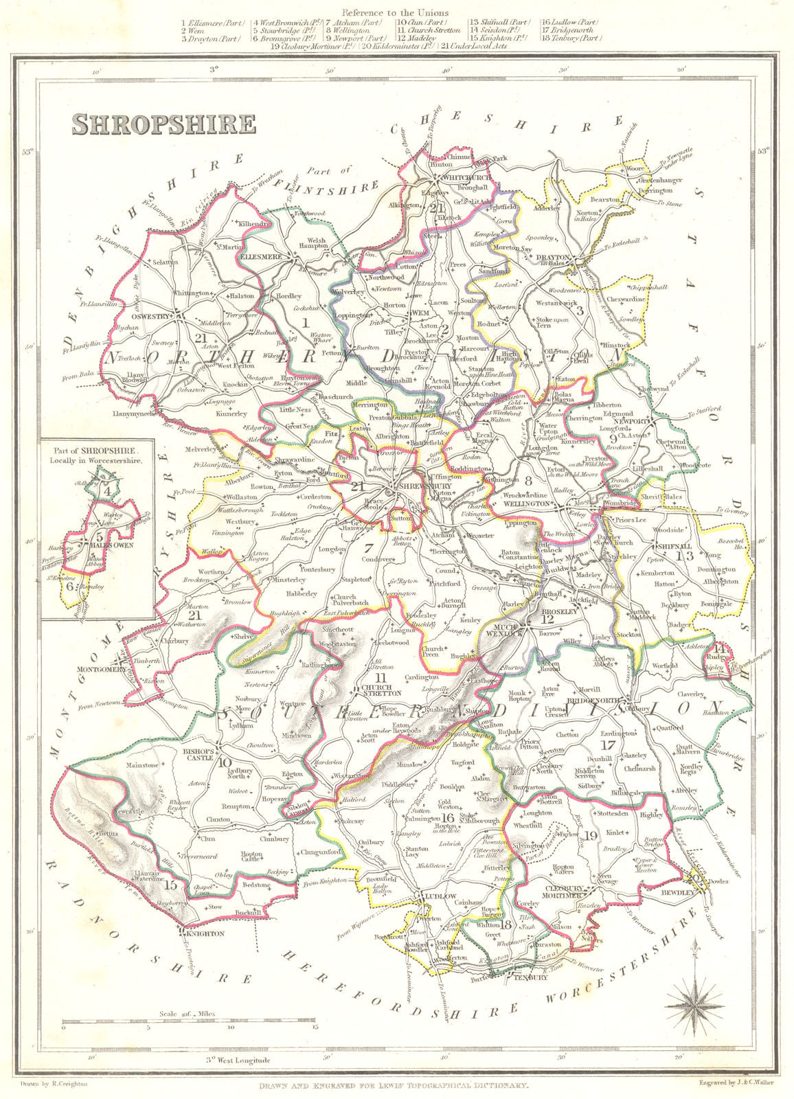 SHROPSHIRE. Shrops. Lewis. Original Outline Colouring. Small Inset 1845 map